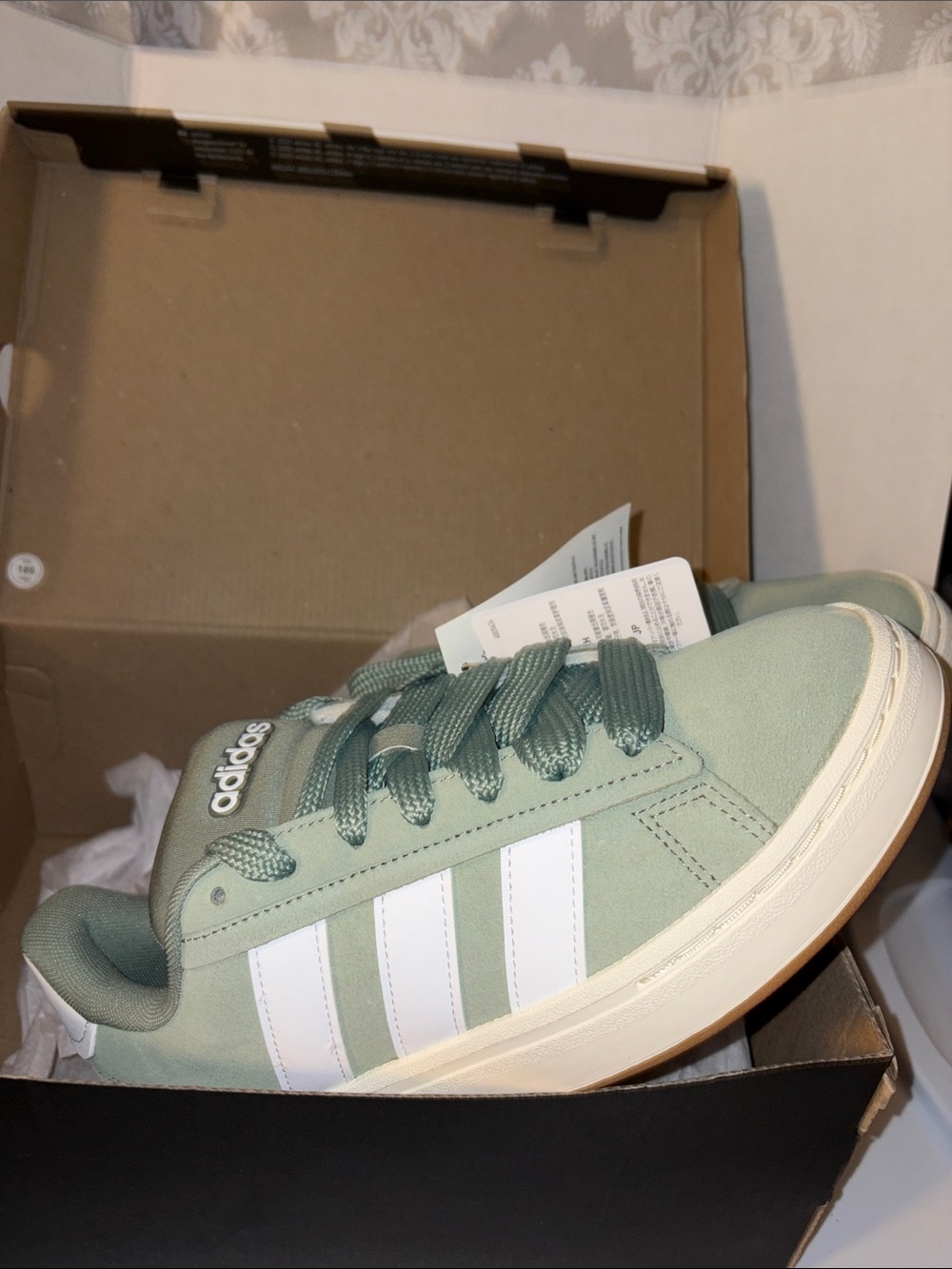 adidas Sage Green Suede Sneakers with White Stripes - Picture 5 of 8